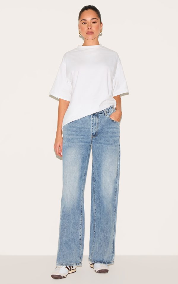 Light Blue Button Detail Wide Leg Jeans
