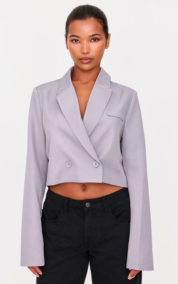 Grey Woven Cropped Shoulder Padded Blazer