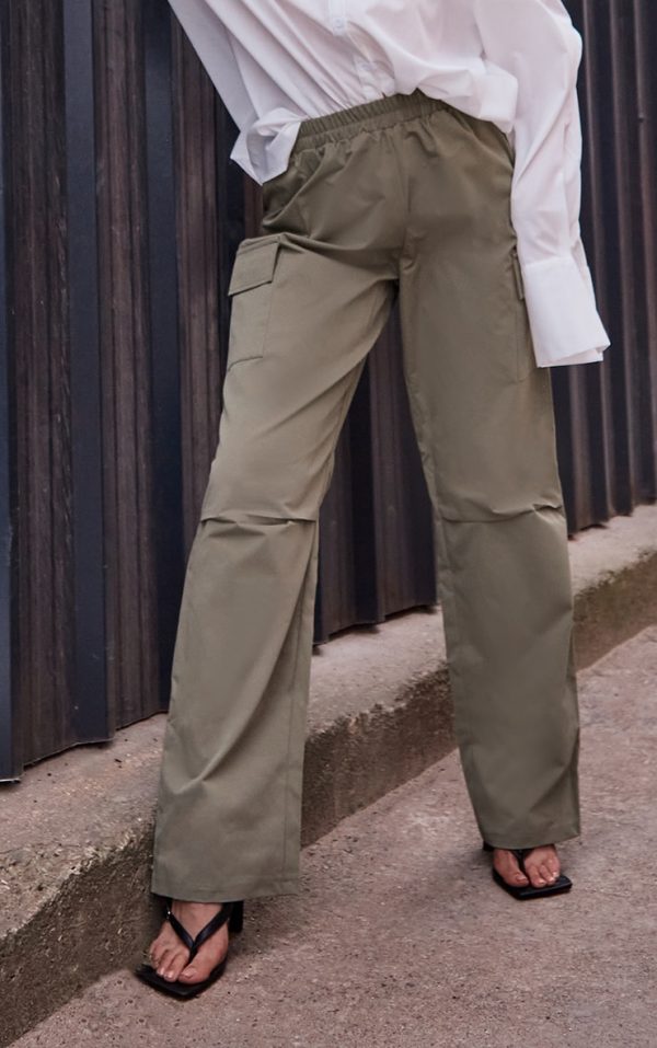 Khaki Elasticated Waist Straight Leg Cargo Pants