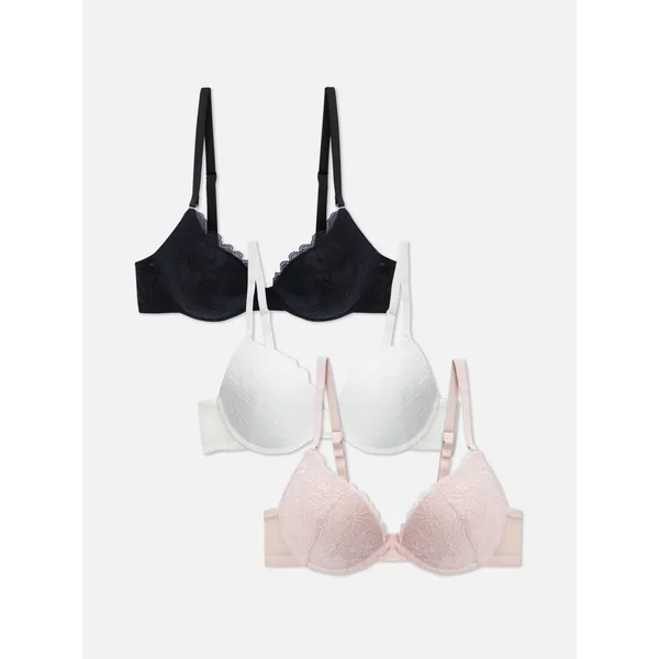 3-Pack Floral Lace Push Up Bras - Black