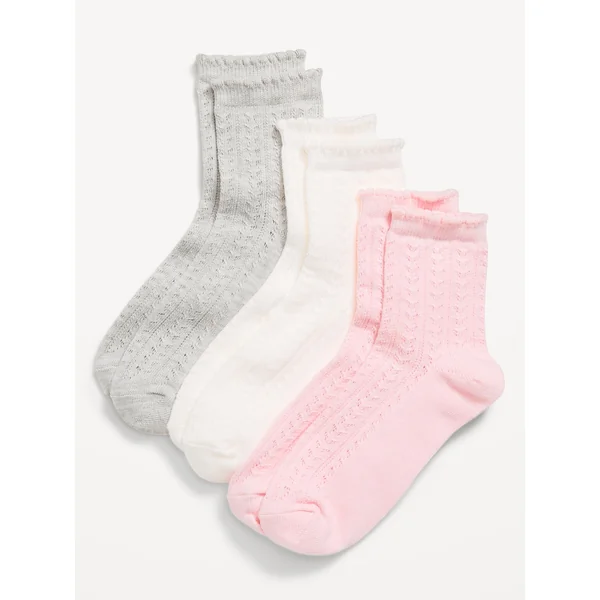 3-Pack Solid Pointelle Crew Socks for Women - Heather Gray/White/Pink