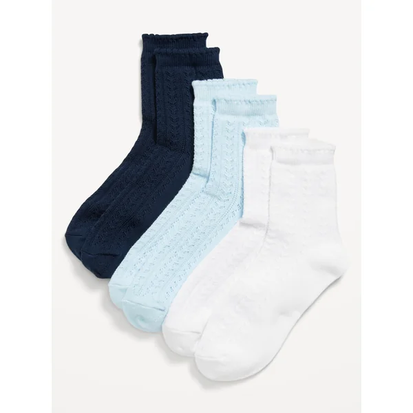 3-Pack Solid Pointelle Crew Socks for Women - Navy/Light Blue/White
