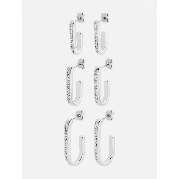 3-Pack The Edit Oblong Rhinestone Hoop Earrings - White