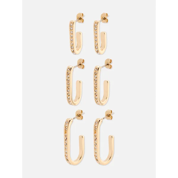 3-Pack The Edit Oblong Rhinestone Hoop Earrings - Yellow