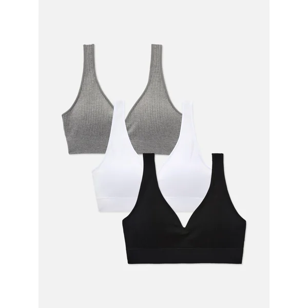 3-Pack V-Neck Ribbed Bras - Black