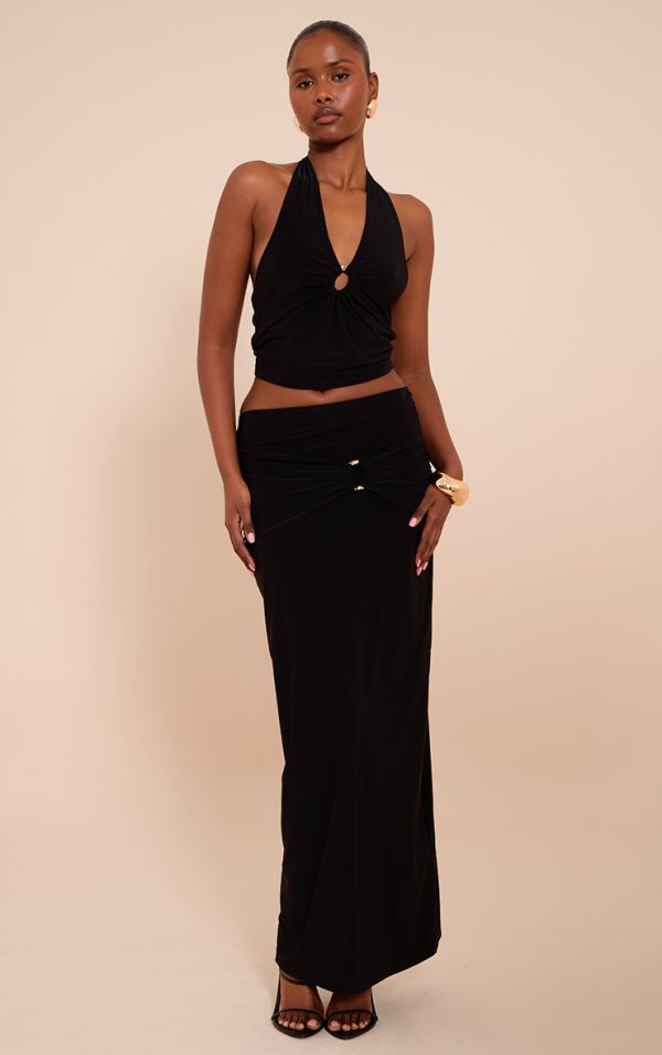 Black Ruched Detail Flowy Maxi Skirt