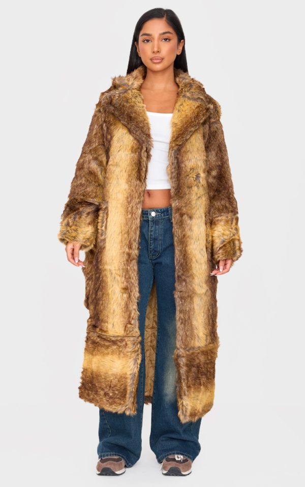Petite Brown Faux Fur Longline Belted Coat