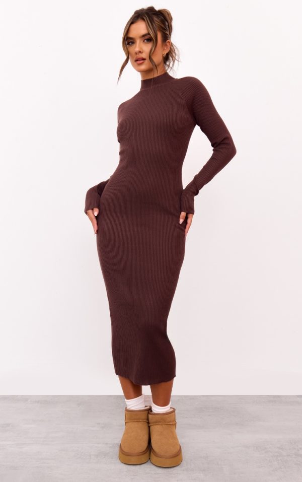 Chocolate Turtle Neck Knitted Bodycon Maxi Dress