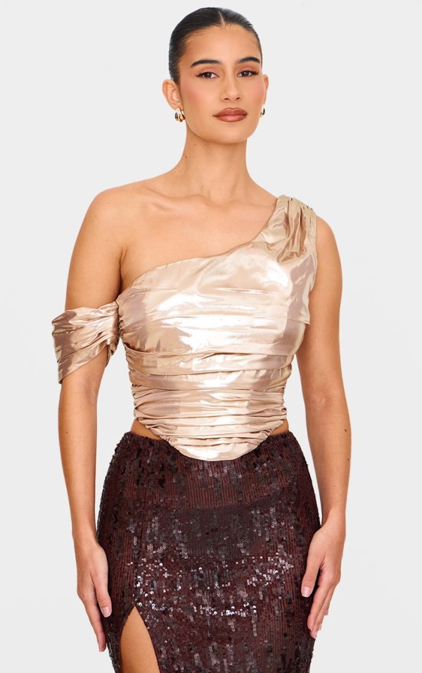 Champagne Satin Drapey Bardot Top