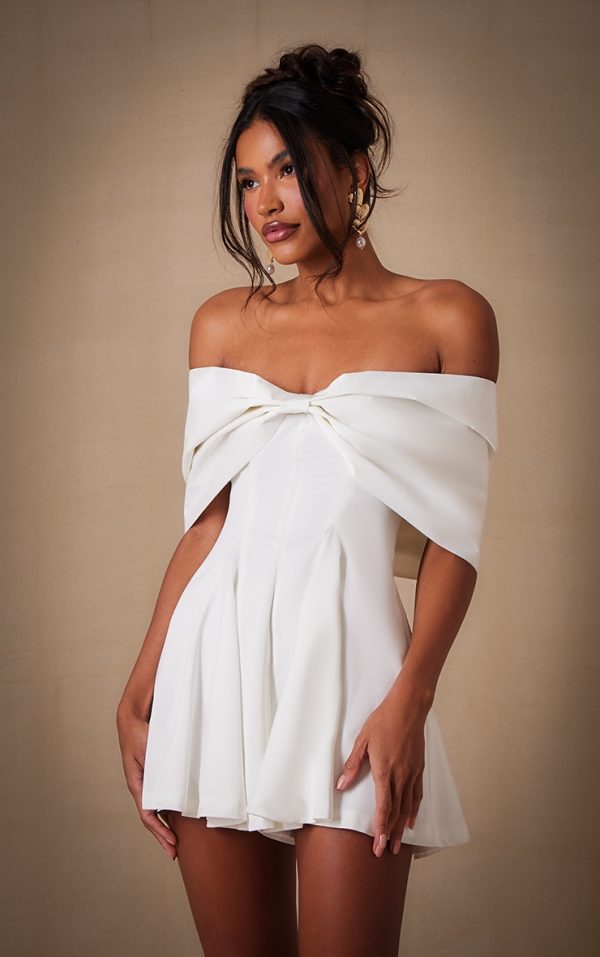 Premium White Satin Extreme Bow Detail Romper