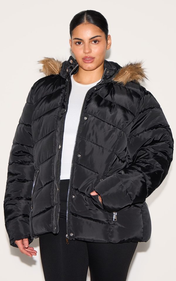 Plus Black Quilted Mara Faux Fur Hooded Puffer Jacket