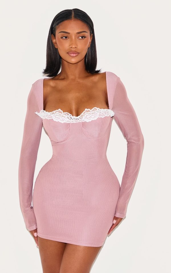 Shape Pink Mesh Underwired Lace Trim Long Sleeve Mini Dress