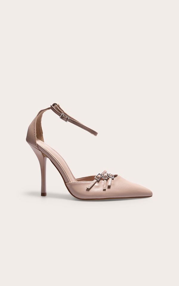 Cream Pu Point Toe Buckle Detail Court Heels