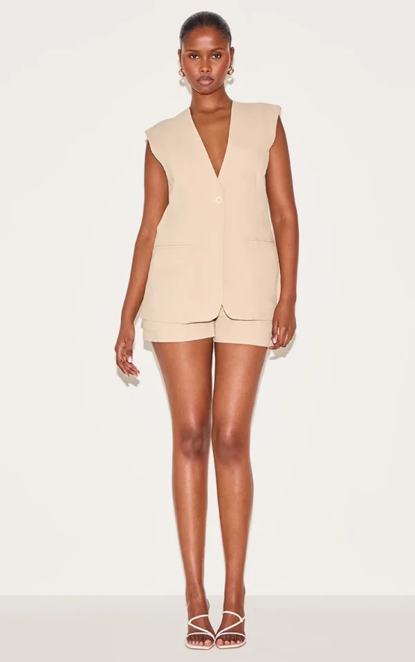 Sand Linen Look Woven Tailored Shorts