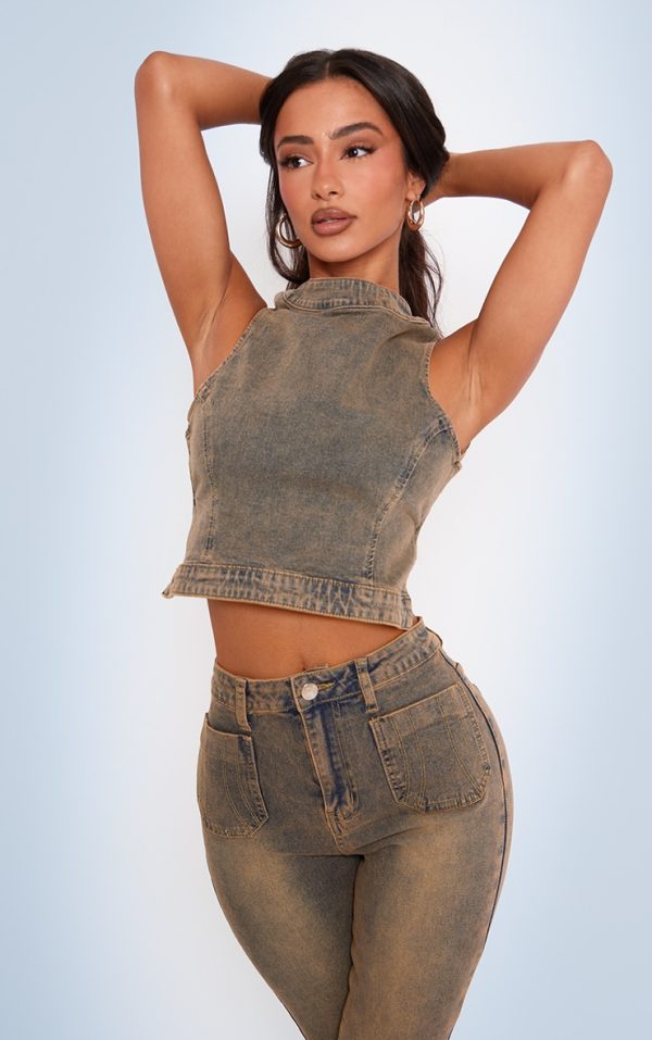 Petite Dirty Grey Denim Backless Top