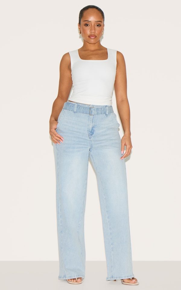 Shape Light Blue Stretch Denim Highwaisted Belted Wide Leg Jeans