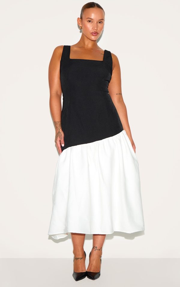 Plus Monochrome Contrast Pleated Hem Square Neck Midaxi Dress