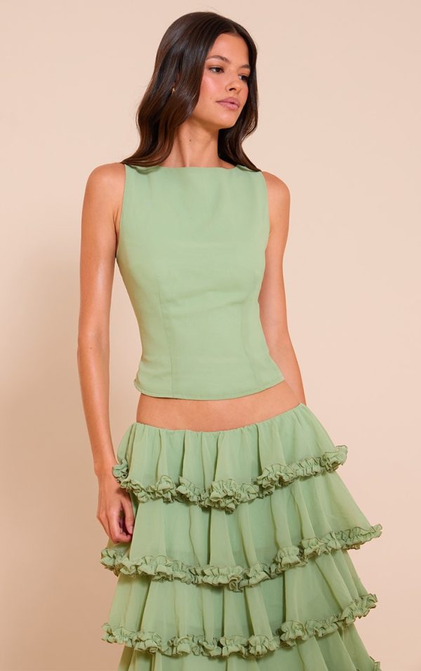 Sage Chiffon Boat Neck Top