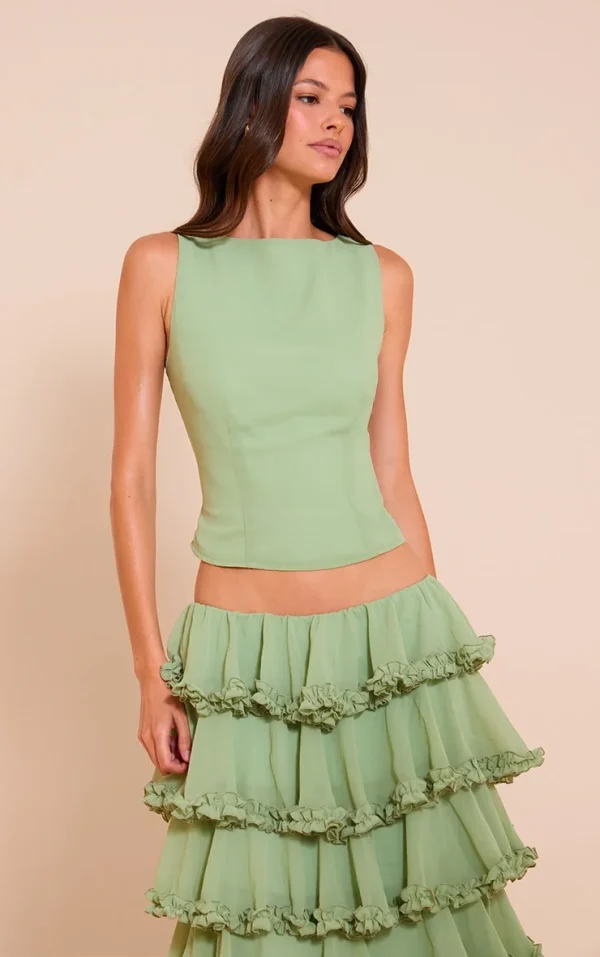 Sage Chiffon Boat Neck Top