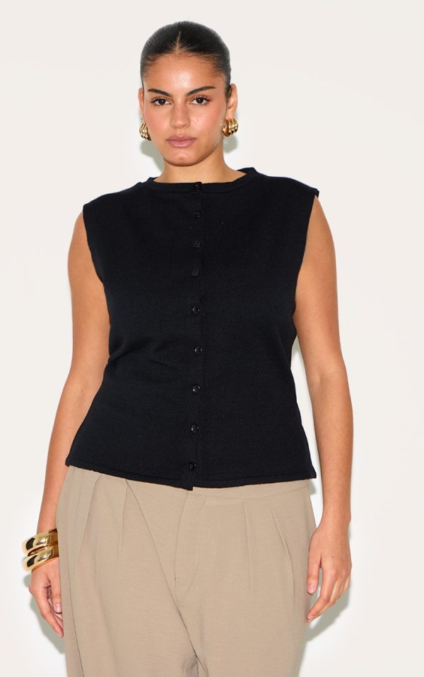 Plus Black Button Through Sleeveless Top