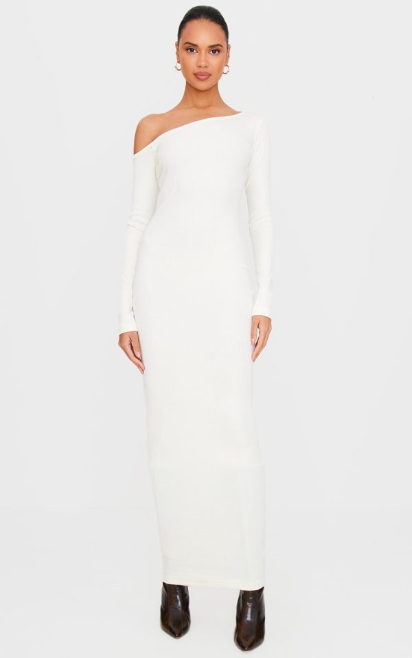Cream Ribbed One Shoulder Long Sleeve Maxi Dress