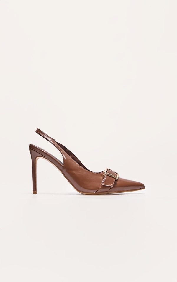 Brown PU Wide Fit Buckle Detail Stiletto High Heel Sling Back Court Heels