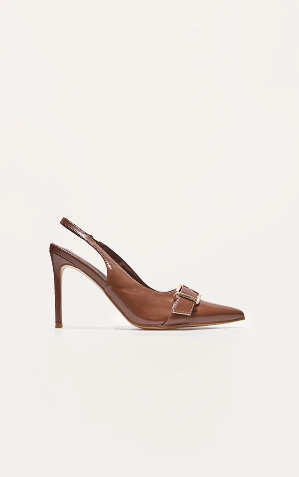 Brown PU Wide Fit Buckle Detail Stiletto High Heel Sling Back Court Heels