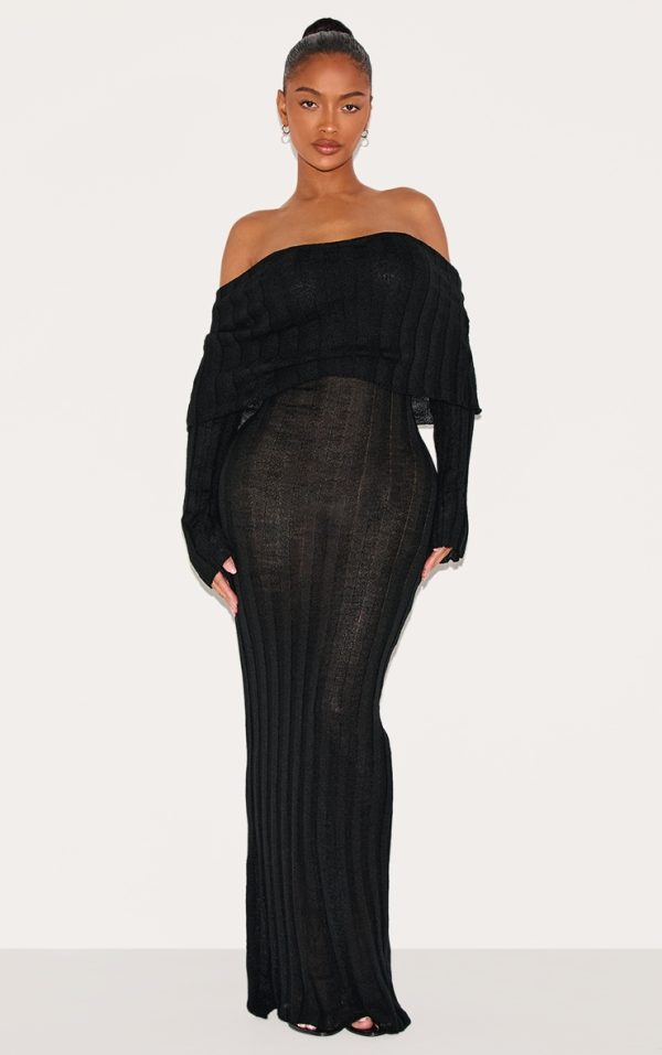 Shape Black Rib Bardot Long Sleeve Maxi Dress