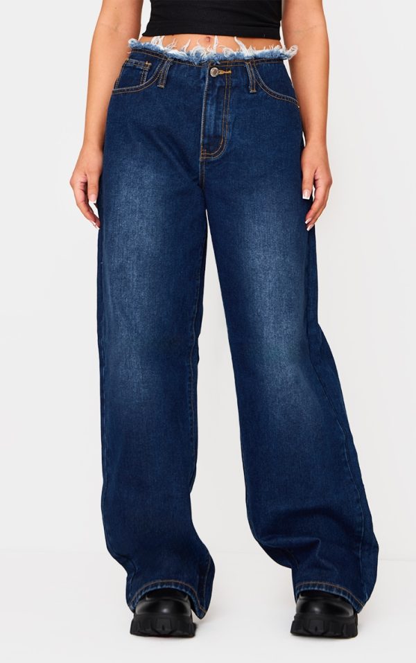Petite Indigo Fray Waist Low Rise Straight Leg Jeans