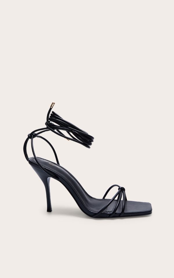 Wide Fit Black PU Square Toe Lace Up High Stiletto Heeled Sandals
