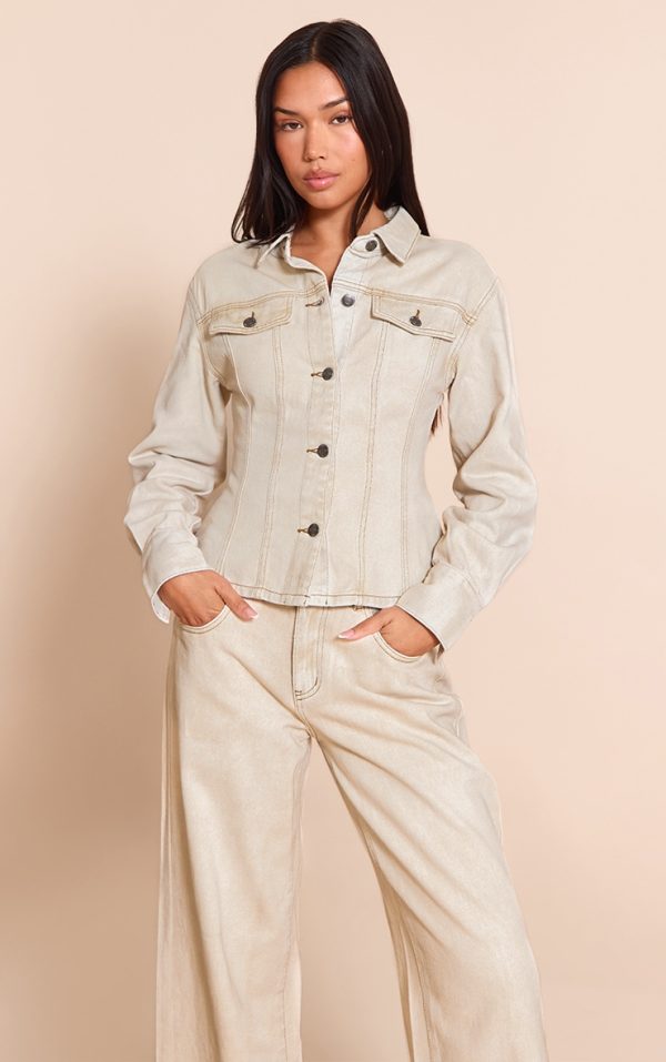 Washed Stone Long Sleeve Cinch Waist Denim Jacket