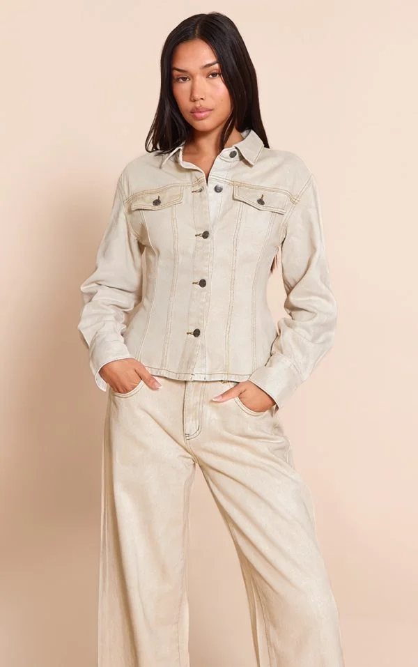 Washed Stone Long Sleeve Cinch Waist Denim Jacket