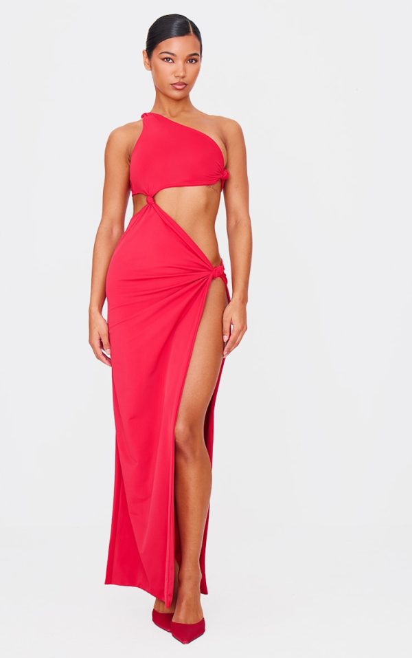Red Double Layer Matte Cut Out Knot Detail Maxi Dress