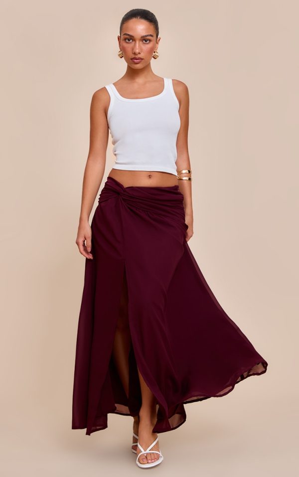 Wine Twist Front Thigh Split Maxi Skirt