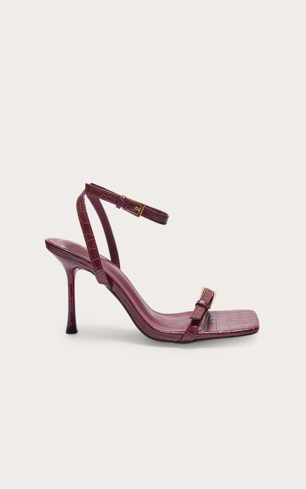 Burgundy PU Square Toe Double Buckle High Stiletto Heeled Sandals