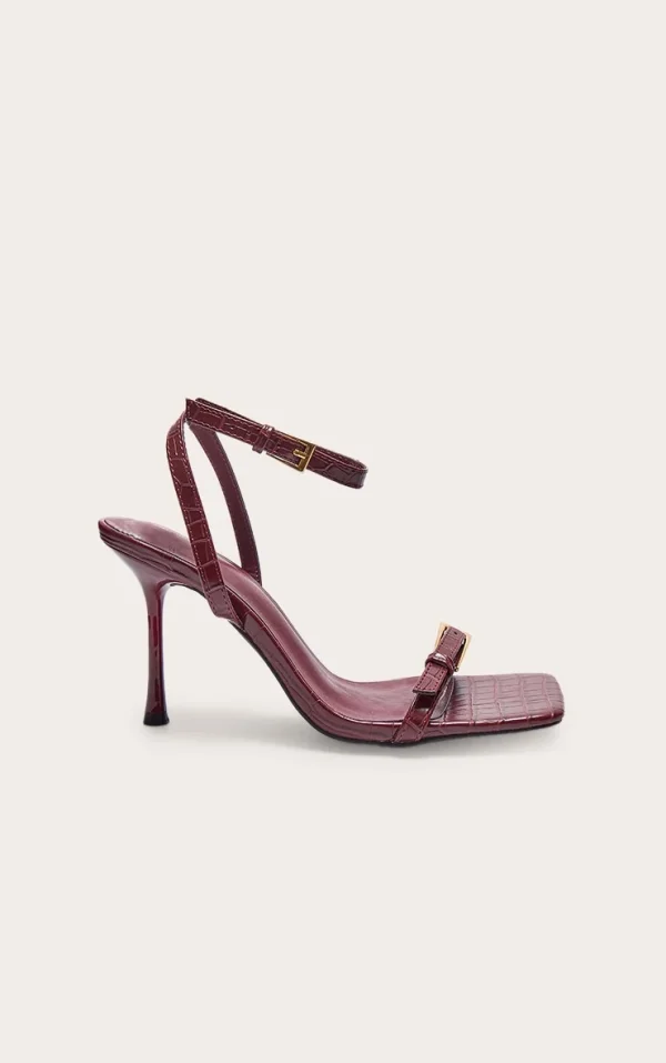Burgundy PU Square Toe Double Buckle High Stiletto Heeled Sandals