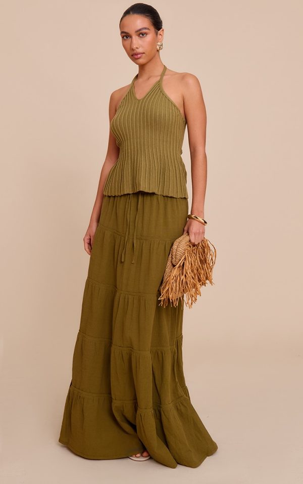 Olive Cotton Tiered Drawstring Waist Maxi Skirt