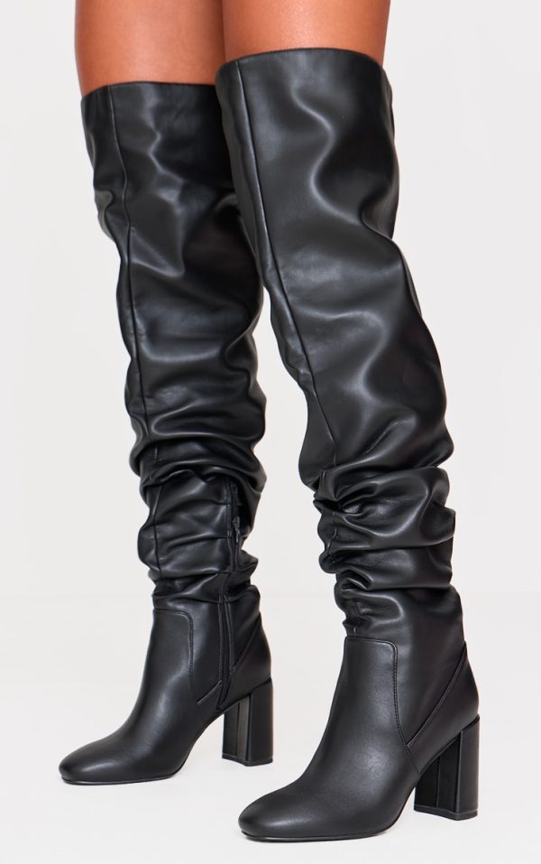 Black Wide Fit Pu Round Toe Ruched Over The Knee Block Heeled Boots