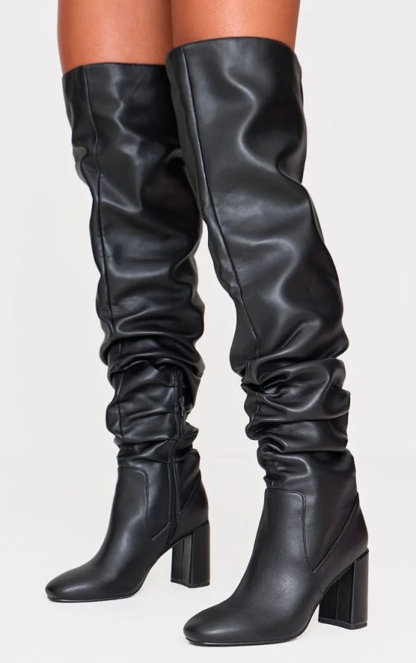 Black Wide Fit Pu Round Toe Ruched Over The Knee Block Heeled Boots