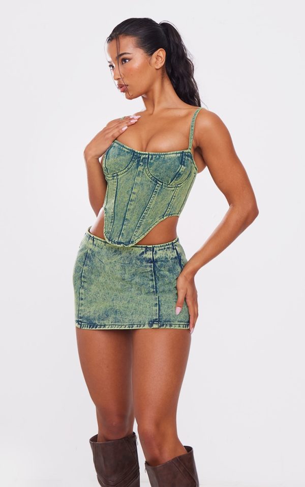 Green Tint Vintage Wash Curved Hem Denim Corset Top