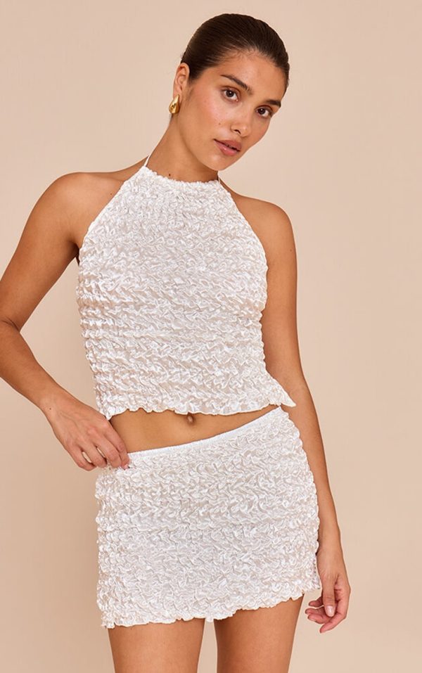 Petite White Open Back Textured Shirred Top