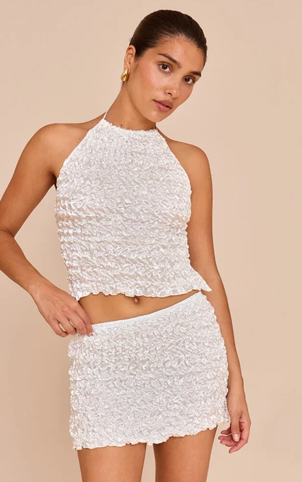 Petite White Open Back Textured Shirred Top