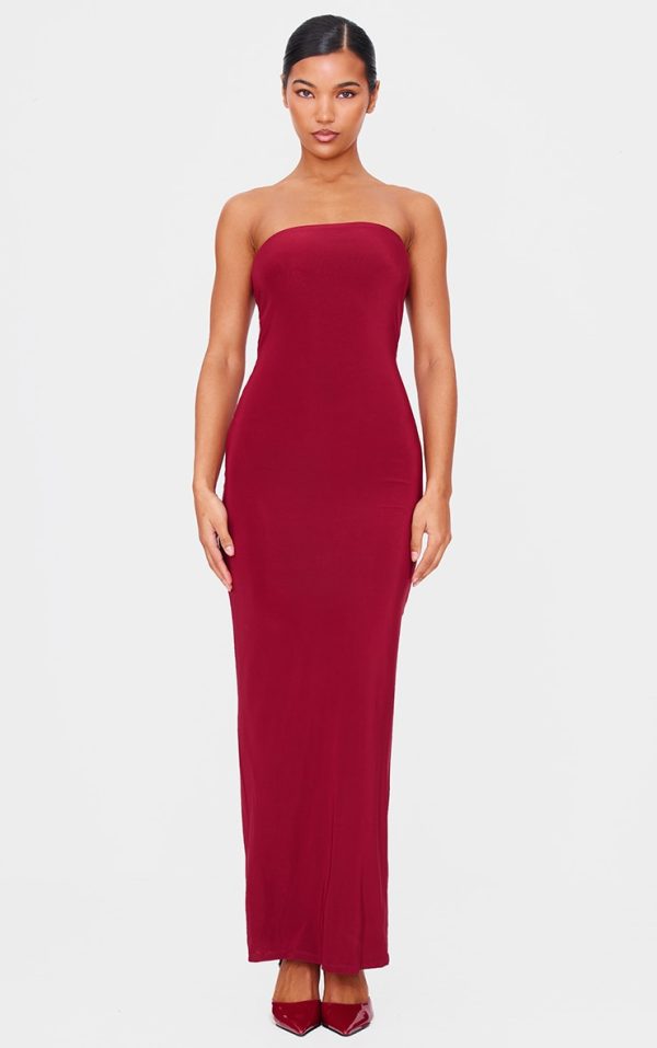 Burgundy Double Layer Slinky Bandeau Low Back Maxi Dress
