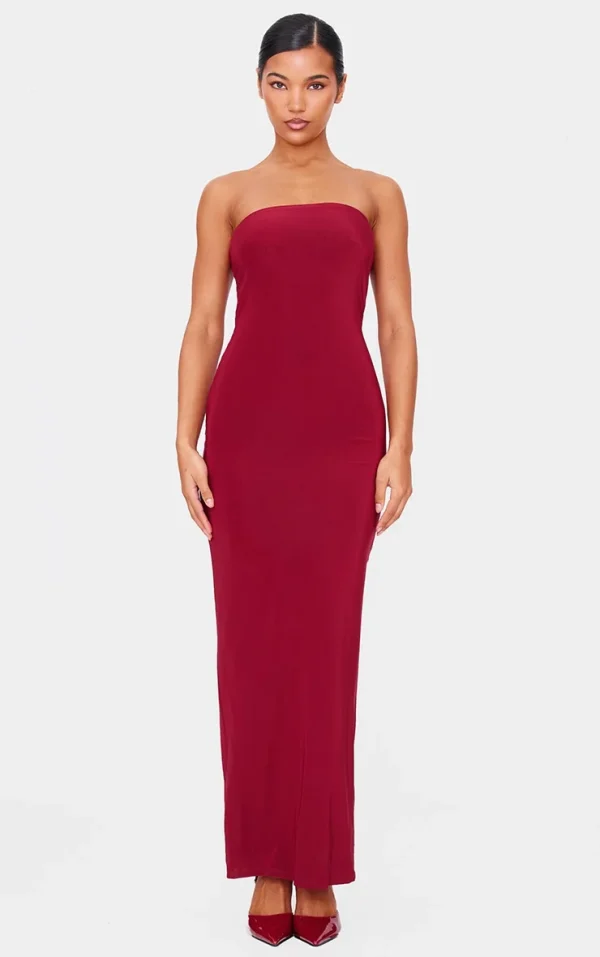 Burgundy Double Layer Slinky Bandeau Low Back Maxi Dress
