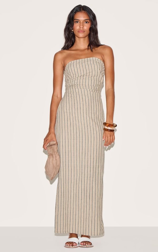 Stone Striped Bandeau Ruched Midaxi Dress