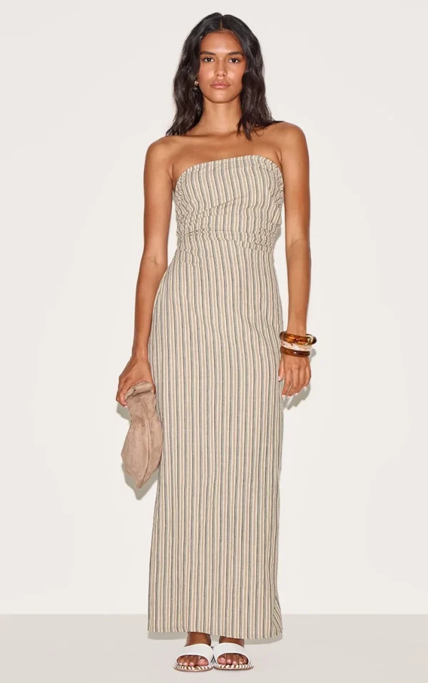 Stone Striped Bandeau Ruched Midaxi Dress