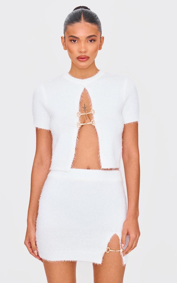 White Fluffy Knit Embellished Top