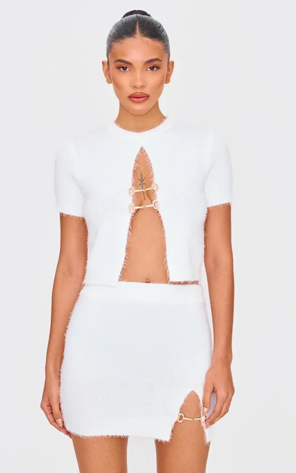 White Fluffy Knit Embellished Top