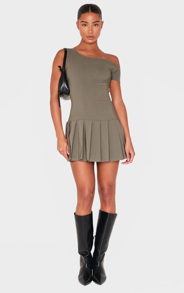 Khaki Asymmetric Bengaline Pleated Shift Dress