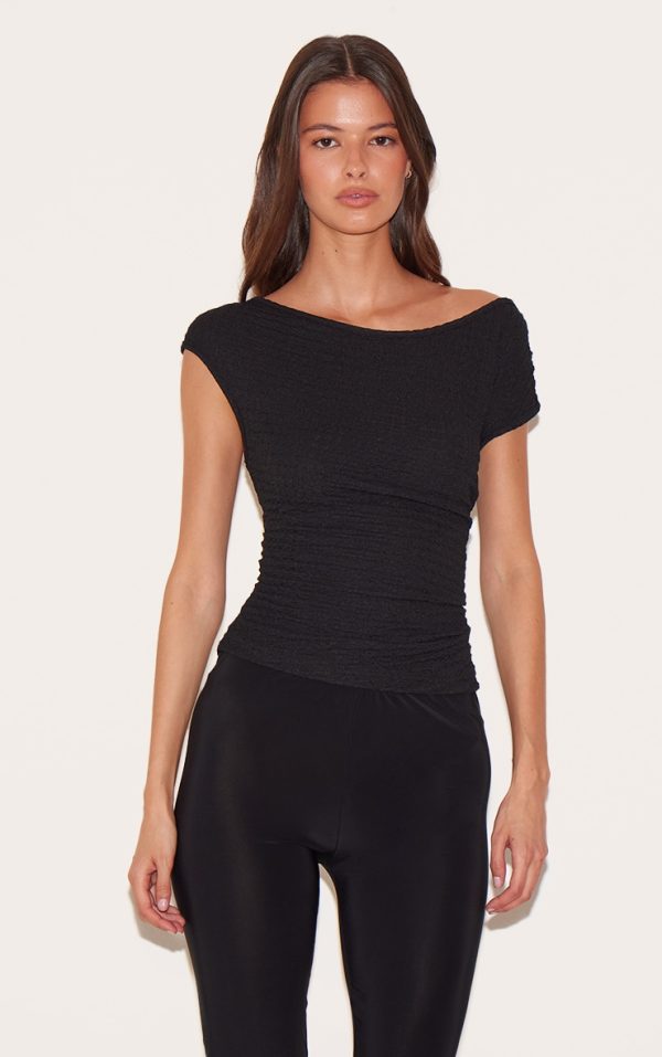 Black Textured Asymmetric Ruched Detail Long Top